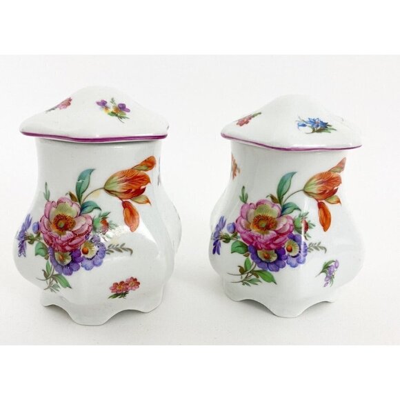 T. LIMOGE Italy Peint A La Main Dresser Vases With Lids 4” Tall Containers 2pc - Picture 1 of 12